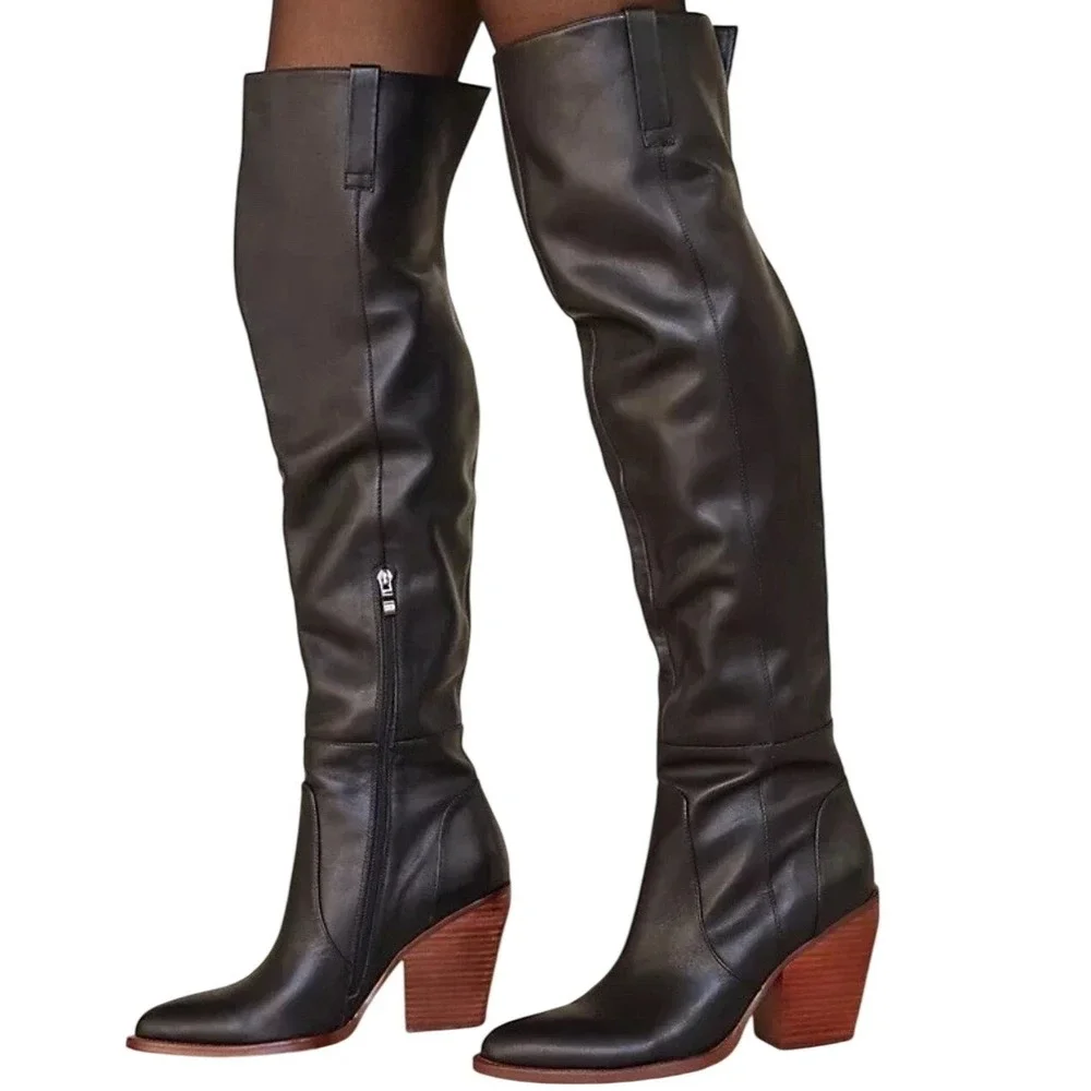 Silent D Anthropologie Black Leather Over The Knee Western‎ Heel Boots New sz 37